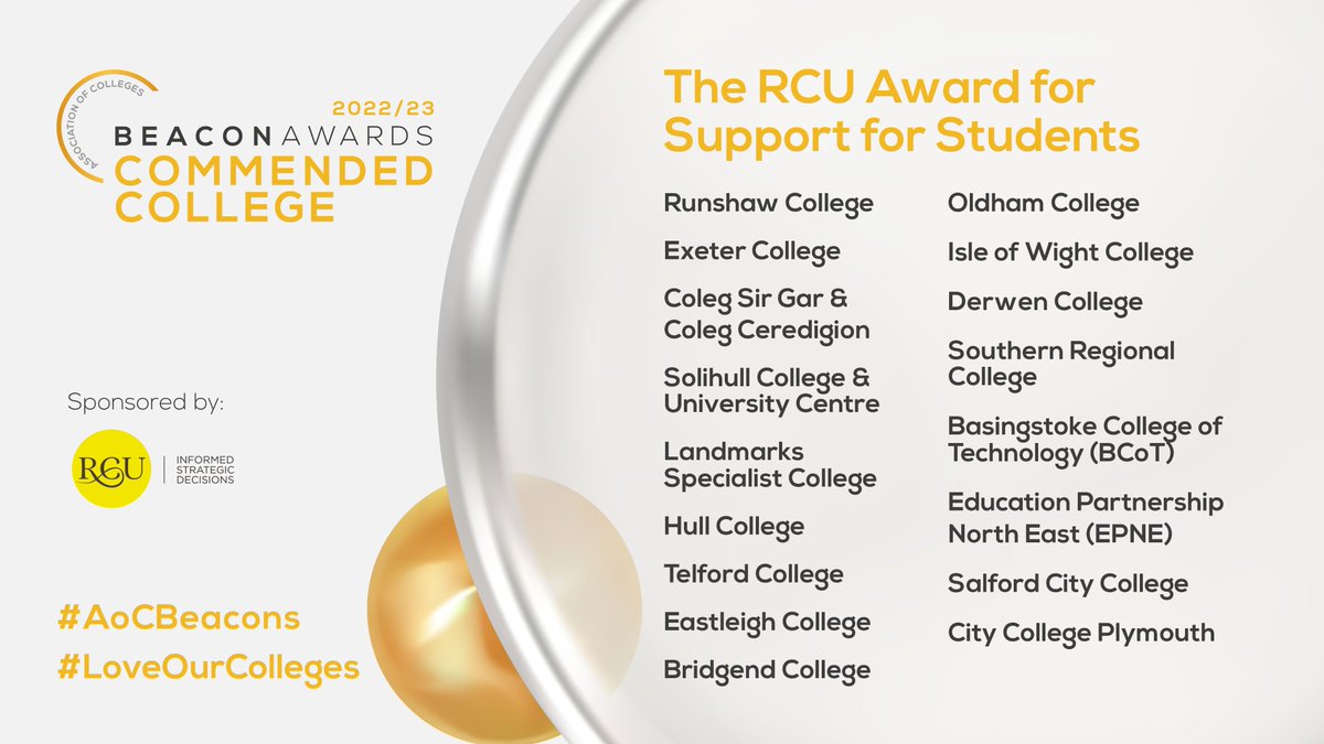 Many congratulations to all the commended colleges this year who are in the running for the Support for Students Beacon Award. 

We're looking forward to the finalists being announced at the AoC conference next week!

#AoCBeacons #loveourcolleges @AoC_info