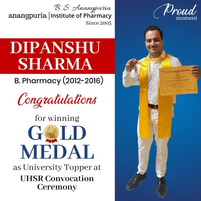 anangpurias's tweet photo. We are proud to announce that Dipanshu Sharma student of #BPharmacy has won the #GoldMedal as #UniversityTopper for #academic session 2012-16 in 2nd #ConvocationCeremony of #UHSR.

#BSAnangpuriainstituteofpharmacy #BSAIP #bsanangpuria #anangpuria #pharma #BPharmacy #DPharmacy https://t.co/wXMARJi3DS