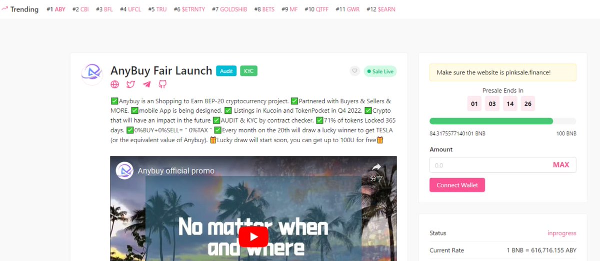 AnybuyOfficial's tweet photo. 👑 Crypto miracles have come to the Pinksale trending #1🎚
🟢PinkSale:
https://t.co/UpKgTOpJsC
🟢Twitter:https://t.co/WMeDfMPAAU
🟢Youtube: https://t.co/6L0zSzocuj
🟢Website:https://t.co/qAcCgrSCcX
🟢Telegram:https://t.co/bYZKrpA99l
#BSC #Pinksale #BNB  #presale https://t.co/U3BlO6iGok