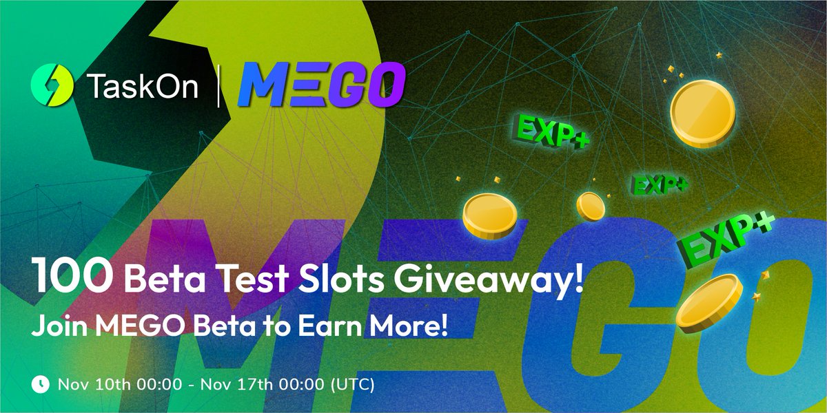 🎉#TaskOn x <a href="/MEGO_Run/">MEGO - Meet'N'Go🏃🏽</a> joint #giveaway is LIVE now!

🎁100 Beta Test Slots
⏰Nov 10th 00:00 - Nov 17th 00:00 (UTC)
 
🔥Users who join the #MEGO beta test can grab the chance of joining a bug #bounty program later &amp; win $200 rewards in total!
 
🌻ACT NOW👉taskon.xyz/campaign/detai…