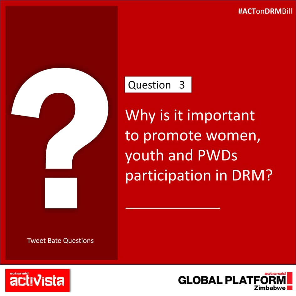 activista_zim's tweet photo. Q3 of 6: Why is it important to promote women, youth and PWDs' participation in Disaster Risk Management?

#ACTonDRMBill - join the conversation by replying to this tweet 👇 @moyoericm @melissamuseka1 @NomalangaDube10 @MauruRebecca @ministry_local https://t.co/KzbdPekPVq