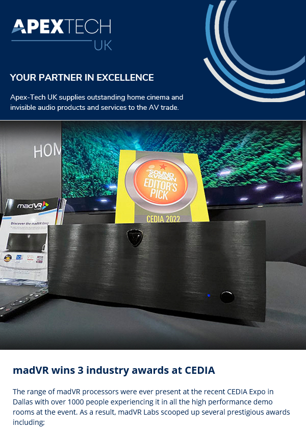 apextech_uk's tweet photo. madVR wins 3 industry Awards at CEDIA, Apex-Tech UK invites you to madVR Webinar, you can download madVR Brochure with Envy features and many more in our madVR winter update Newsletter: https://t.co/A8AOtmcw0M 
#YourPartnerinExcellence

#madVR #ApexBrand https://t.co/HGkOlJbCaw
