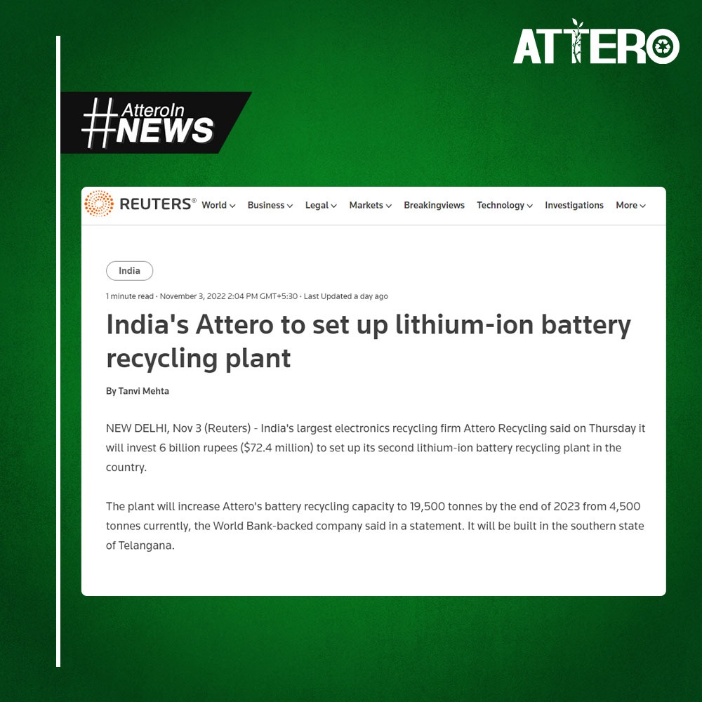 AtteroIndia's tweet photo. Strengthening India's efforts to reduce #ewaste, #AtteroIndia will be #investing Rs 600 crores to establish a new #recycling facility in #Telangana.
Read more: https://t.co/pZY9YTPlRy
#Attero #AtteroRecycling #AtteroInNews #RecyclingSolution #RecyclingPlant #LithiumBattery https://t.co/YQlp8l8n6K