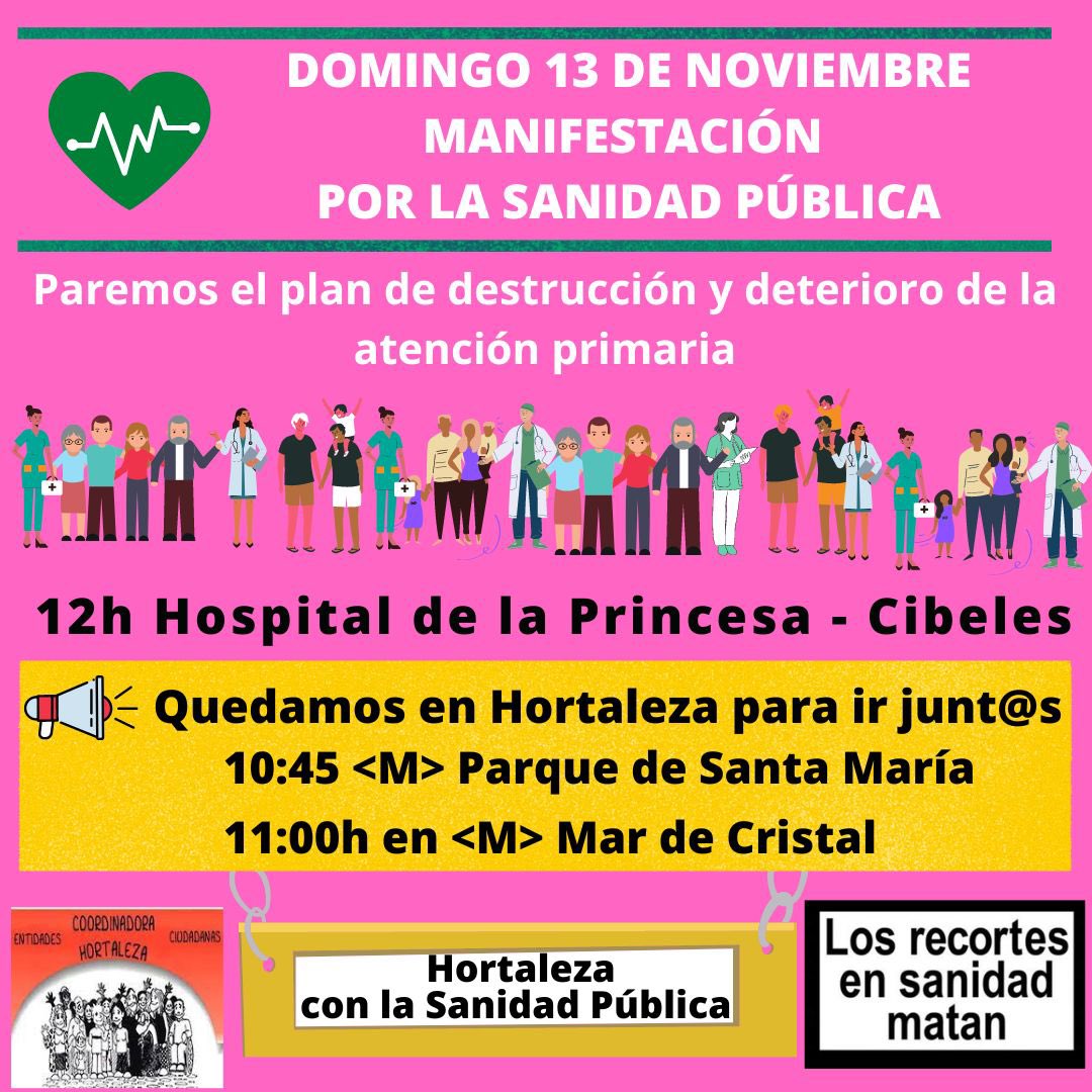 JAHortaleza's tweet photo. Los barrios y pueblos de Madrid, en defensa de la sanidad pública. Una sanidad maltratada por unos intereses capitalistas que no van a parar hasta acabar con ella.

🔴¡Os esperamos el 13/11 a las 11h en Mar de Cristal para ir junto a los vecinos y vecinas de Hortaleza. https://t.co/jqhUo65uwA