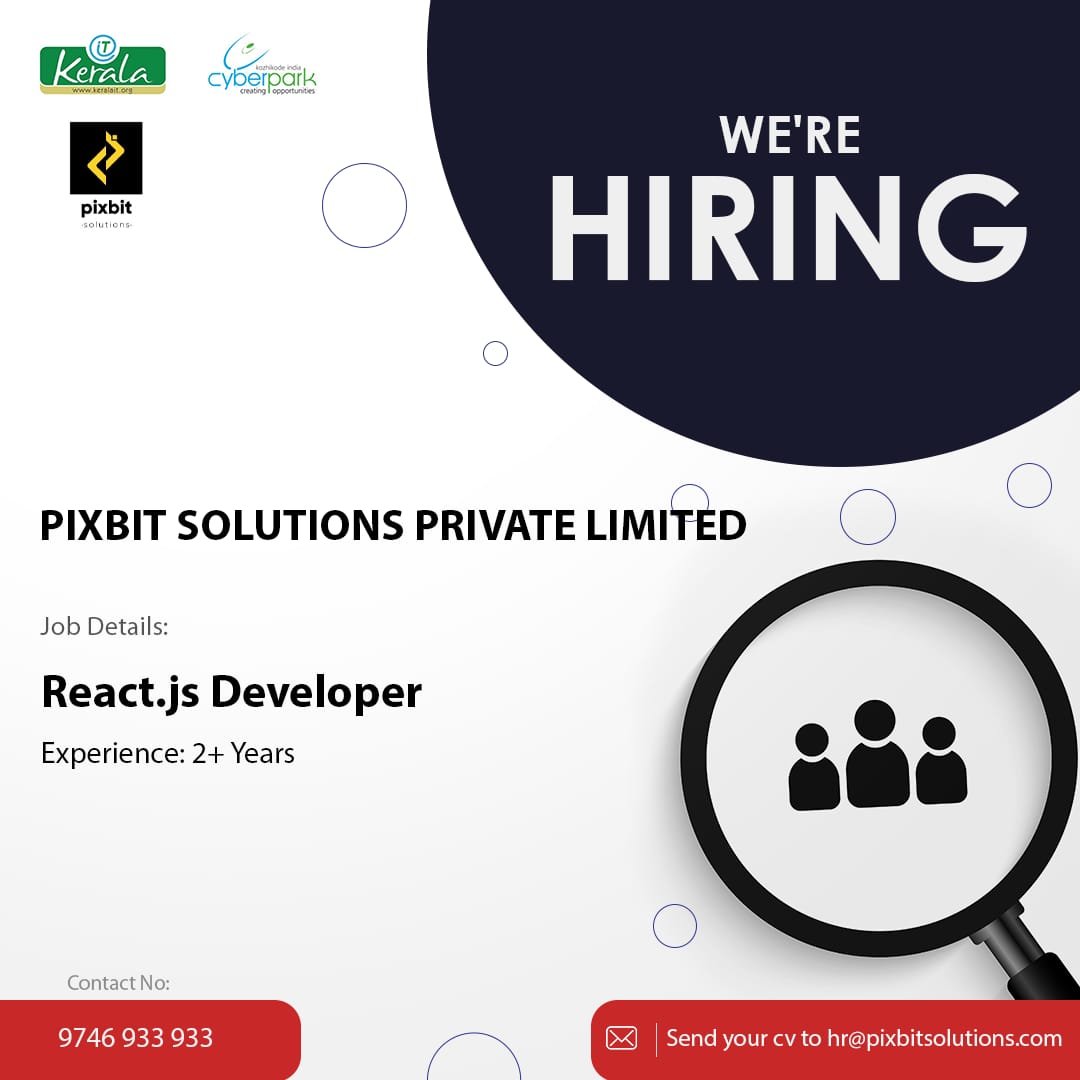 kerala_it's tweet photo. Do you take pride in your #programming skills? If so, don't miss this #opportunity. #Cyberpark-based #Pixbit Solutions is looking to hire React #Js #developers immediately. If interested, send your #CV to: hr@pixbitsolutions.com
#KeralaIT #KeralaITParks #KeralaITMission #Hiring https://t.co/jTwHTPCof5