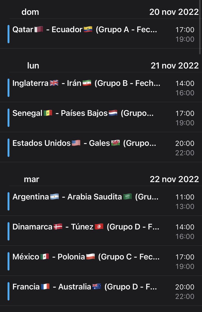 Vengo a facilitarles la vida. Con solo dos clicks, y de manera totalmente gratuita, podés sumar el Google Calendar del Mundial a tu propia agenda:

calendar.google.com/calendar/ical/…