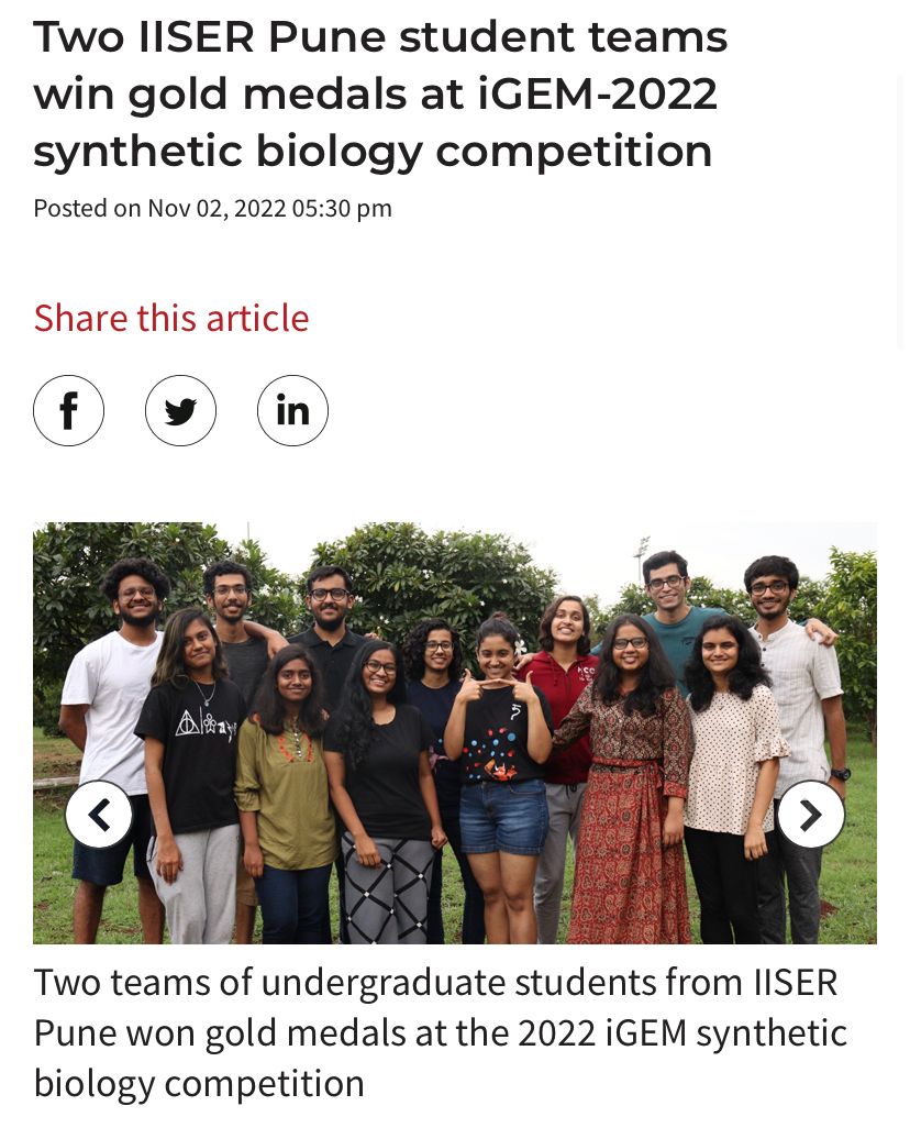 MibiomeT's tweet photo. Congratulations to the super-talented iGEM team of IISER Pune iGEM IISER Pune for winning gold medal at the international iGEM Competition on synthetic biology for students, in Paris.
We at miBiome Therapeutics LLP have supported this team in a small way by a financial aid. https://t.co/2MBHJI4p8L