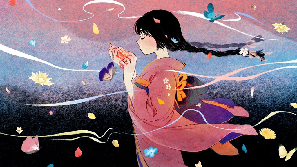 1girl japanese clothes kimono solo braid black hair flower  illustration images