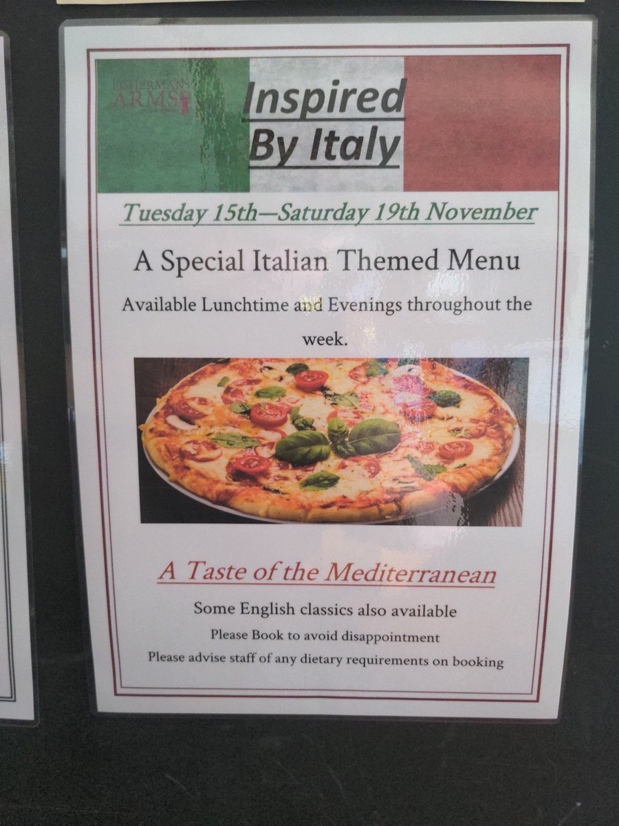 Fishermans Arms (@fishermansfowey) on Twitter photo Next Week we want to expel the winter blues with a taste of the Mediterranean.
During our Italian Week where we will be serving our special Italian themed Menu plus a few English classics.
Call 01726 832453 to book
<a href="/FoweyInfo/">Fowey Visitor Info</a> <a href="/LoveFowey/">Love Fowey</a> <a href="/LoveLostwithiel/">Lostwithiel</a> <a href="/kittowsbutchers/">James Kittow</a> Next Week we want to expel the winter blues with a taste of the Mediterranean.
During our Italian Week where we will be serving our special Italian themed Menu plus a few English classics.
Call 01726 832453 to book
<a href="/FoweyInfo/">Fowey Visitor Info</a> <a href="/LoveFowey/">Love Fowey</a> <a href="/LoveLostwithiel/">Lostwithiel</a> <a href="/kittowsbutchers/">James Kittow</a>