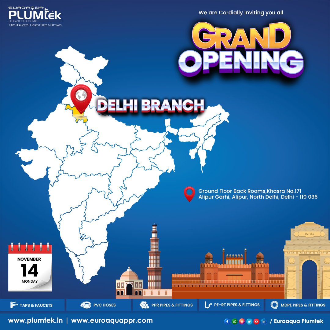 PlumtekMktg's tweet image. We are gonna launch our new branch at New Delhi

We are one of the leading manufacturer and exporter of PPR pipes &amp;amp; fittings in India

Access our all products at plumtek.in and euroaquappr.com

Stay connected with us for more info.
#delhi #newdelhi  #pprpipe