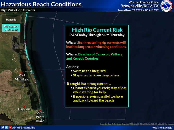 NWSBrownsville's tweet photo. Dangerous rip currents expected at the beaches along South Padre Island and Boca Chica State Park today through Thursday due to some elevated swells moving into the Lower Texas Gulf Waters. Be cautious if entering the surf. #ripcurrentsafety #spi https://t.co/fXtb6Z4RZU