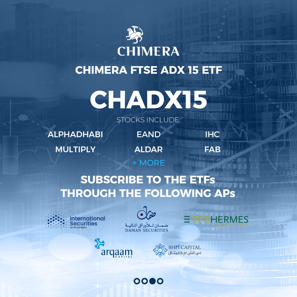 LunateETFs's tweet photo. Chimera Capital will launch the CHADX15 ETF, a new #ETF that is planned for listing on the @adx_ae –. It will track the FADX15 Index &amp; offer investors access to the top 15 stocks the ADX. It can be subscribed to through our APs from 21-23 November.
#ETF_MENA https://t.co/bBT4Rz6bqW