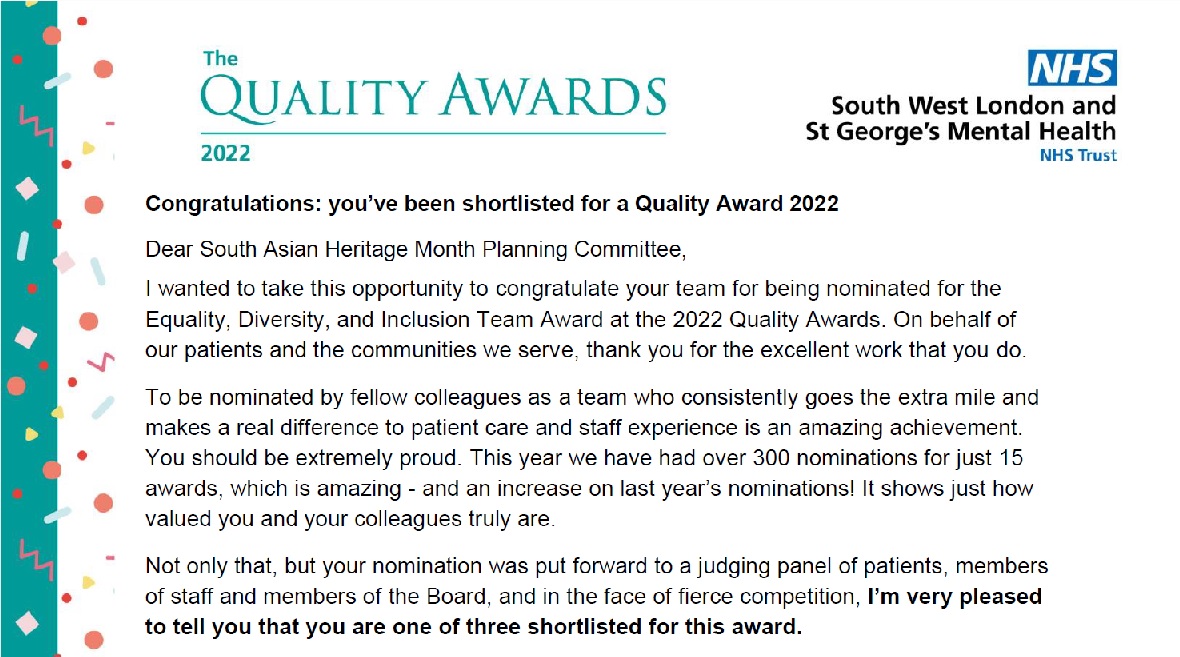 Super proud of our #SouthAsian Heritage Month celebrations this year. And to top it all, we are shortlisted for a @SWLSTG #QualityAward for #Equality #Diversity #Inclusion #TeamAward Well done & Congrats @Indie01477881 @Seema_198307 @jewelmarkpress @BolaEmerson #Nikita @ESwlstg
