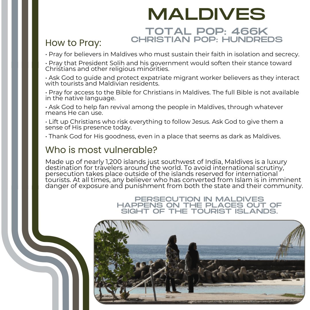 WePray40's tweet photo. Today we are praying for persecuted nation number 16, Maldives.

Pray that Jesus will break down the barrier of revenge and vengeance and replace it with mercy.

Read Matthew 5:7 and Romans 12:17-21.

⁠All photos and info came from Open Doors USA. https://t.co/woAMU8GkMo