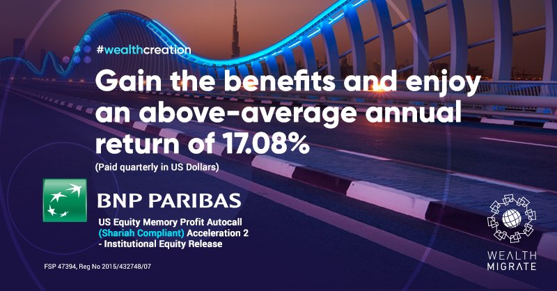 Earn a passive return while you sleep. 

You can enjoy above-average annual returns of 17.08% on the BNP US Equity Memory Profit Autocall #ShariahCompliant #StructuredNote deal.  

Fund your wallet: platform.wealthmigrate.com/marketplace  

#WealthCreation #WealthMovement