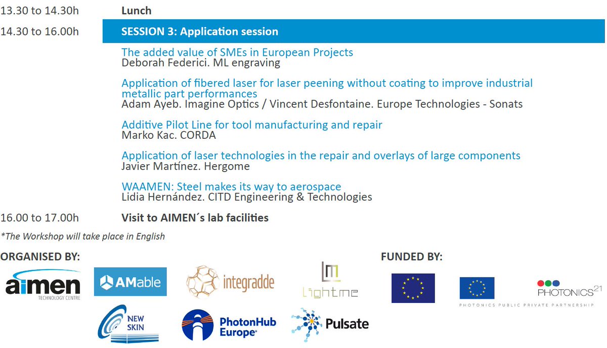 NewSkinOITB's tweet image. Our @NewSkinOITB team are happy to participate in @aimenct industrial laser technologies event today alongside EU projects @Integradde @pulsateeu @amable_eu @PhotonHub &amp;amp; #LightMe. 
Join us in the afternoon for Deborah's (@ML_ENGRAVING) presentation
#H2020 #OITBs #SMEs #nanotech