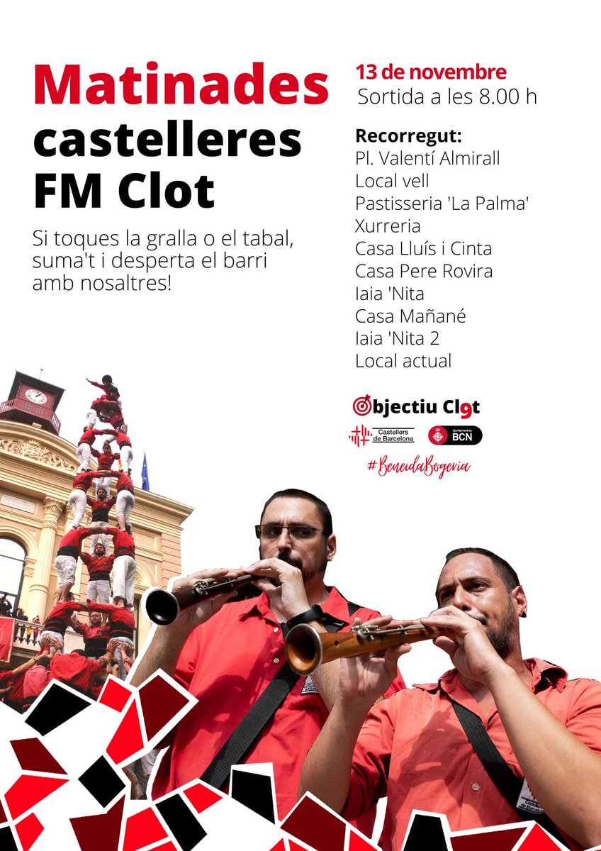 CdBCN's tweet photo. Aquest diumenge, abans de la diada castellera, despertem el barri amb les matinades!

#ObjectiuCl9t #BeneïdaBogeria https://t.co/W2ns9T2XtL