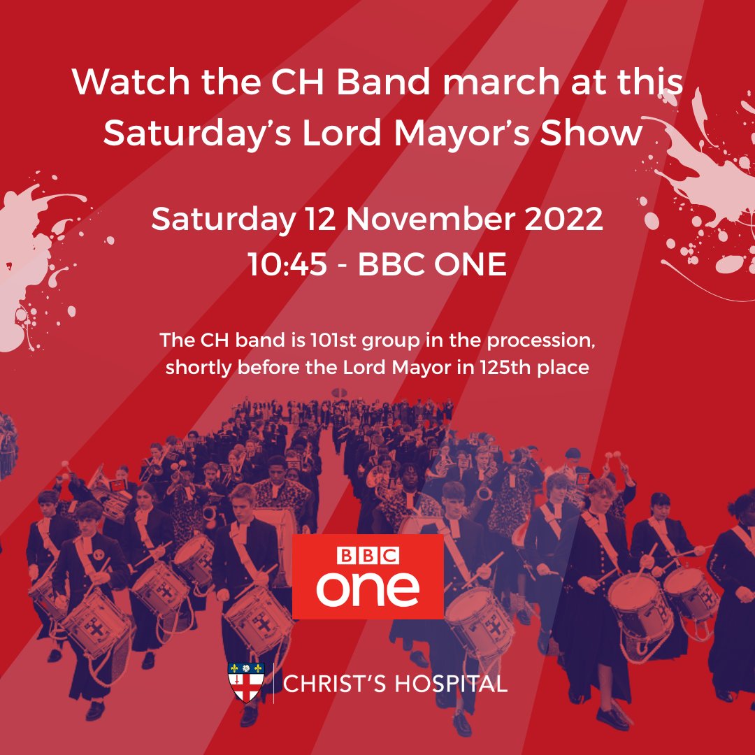 CHOldBlues's tweet photo. Watch the Christ's Hospital Band march through London in this Saturday’s Lord Mayor’s Show, or tune in to BBC One from 10:45.

The CH Band will be marching 101st group in the procession (Lord Mayor is 125th). 
#christshospital #lordmayorsshow #london https://t.co/asDKY8reu8