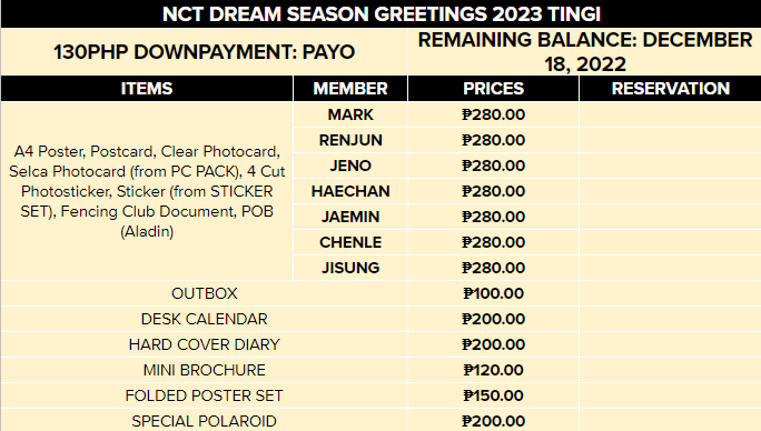 fandomies_ph's tweet photo. WTS / LFB PH

[#fandomies_tingi]
NCT DREAM 2023 SEASON GREETINGS TINGI [ALADIN POB]

📦 NORMAL ETA
🗓 DOP: 100 PHP DP
🗓 REMAINING: 12/18

❎ ALL ITEMS MUST BE TAKEN TO PUSH THRU ❣
✅ Reply/DM MINE + MEMBER/ITEM https://t.co/Q8WuFGemem