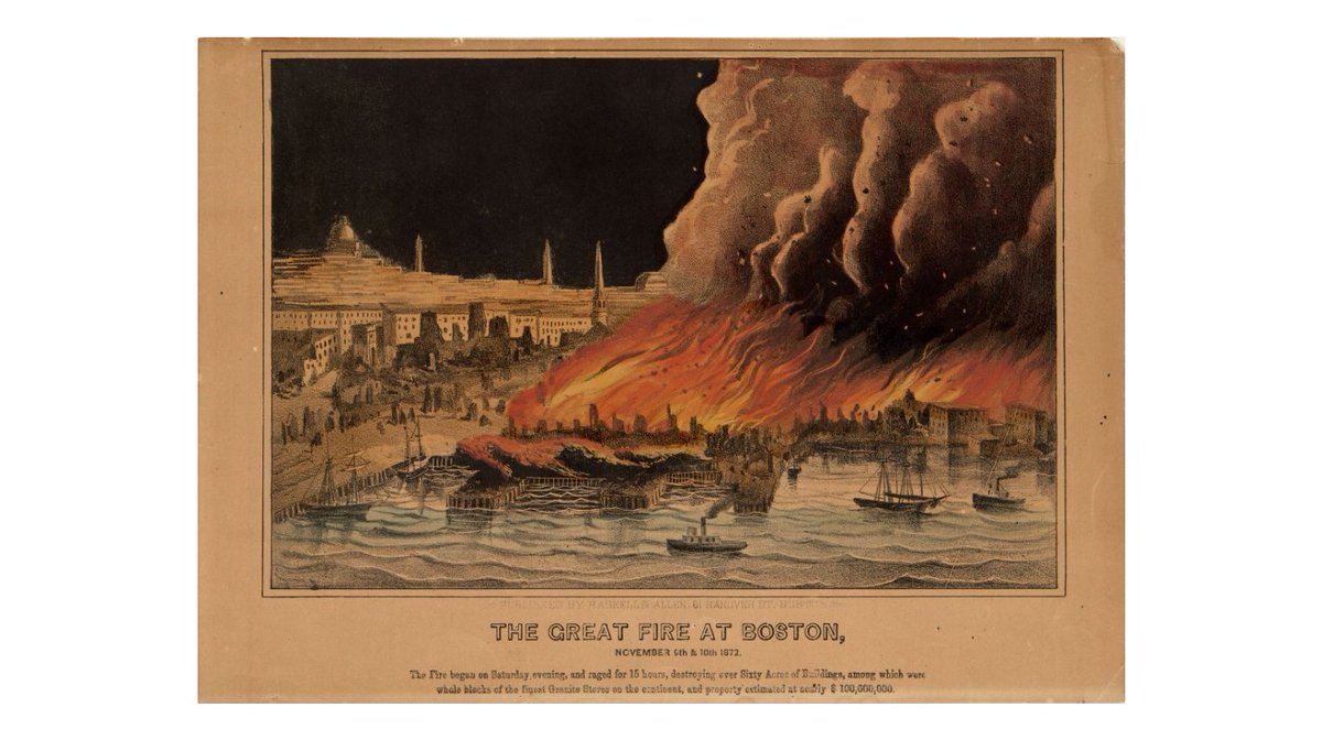 fireheritageusa's tweet image. On this date in 1872, Boston was the site of the most costly conflagrations in US History.  Based on current value, the fire destroyed 776 buildings on 65 acres causing $1 billion in loss, killing 11 firefighters and 13 civilians. The fire initiated stronger building codes.