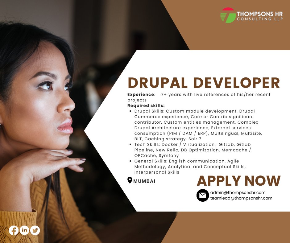 ThompsonsHRC's tweet image. #JobAlert: We&apos;re looking for a #FunctionalLead #DrupalDeveloper for our client with 7+ years experience in #Mumbai. Reach us at admin@thompsonshr.com to apply.
#HiringNow #hiringalert #jobhunt #jobavailable #jobsinmumbai #mumbaijobs #mumbaihiring #mumbaiopenings #ITjobs