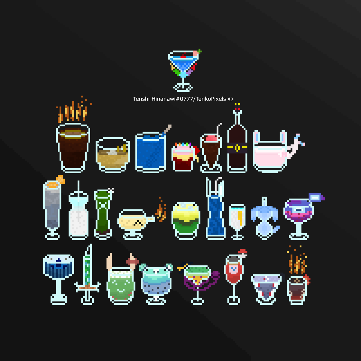 TenkoPixels's tweet photo. Themed cocktails, various objects and characters from different franchises are represented here. Reply if you want to know more about a particular one.

#art #pixelart #foodart #cocktail #cocktails #alcohol #anime #videogames #gaming https://t.co/SfhhGPnUXm