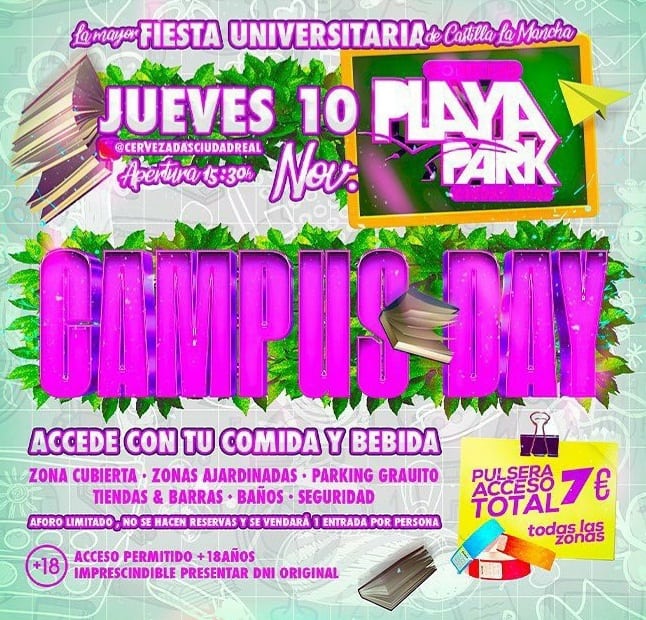🍻 Cervezada 'Campus Day'

📆 Este jueves (10/11)
🕞 Desde las 15:30h.
🏝 Playa Park
💶 7€
🔞 Mayores de 18 años
☀️ Soleado
🌡Temperatura media 14°C