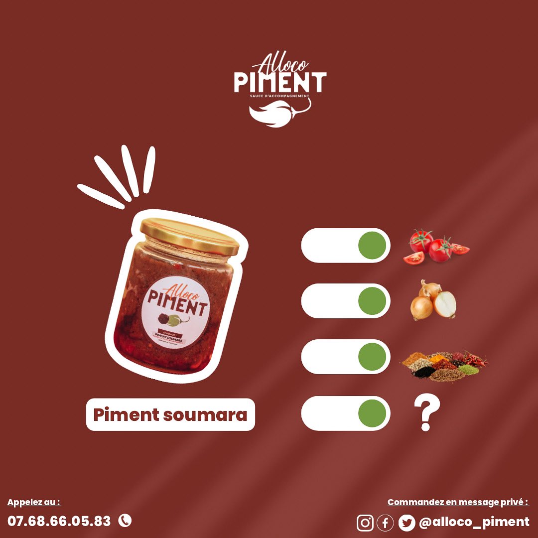 CONTRÔLE SURPRISE ✨

Pour les palais fins 😌 que vous avez ! 

Devinez les autres ingrédients que comporte notre fameux piment soumara 🌶️

Pour ceux qui ont déjà goûté, ne spoiler pas 😉😝. 

📞: +225 0768660583
#allocopiment #food #madeinciv