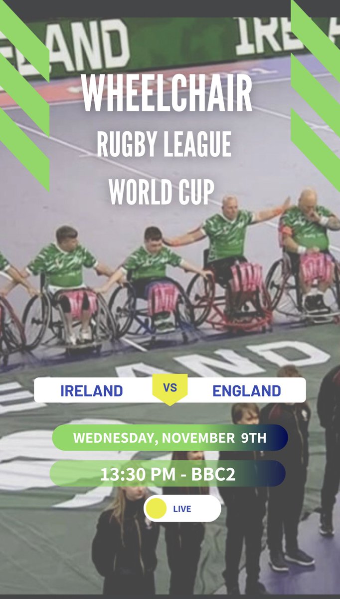 dgm114's tweet photo. Cheer on our Team In Green today as they take on England in the Wheelchair Rugby League WORLD CUP 🥇 https://t.co/w1UJBZjDMp