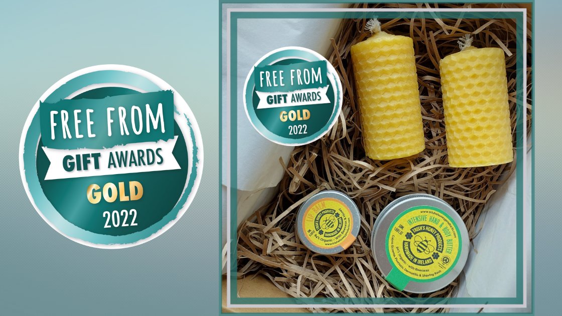 So who gets the first Gold of the 2022 Free From Gift Awards? It’s <a href="/trishshoney/">Trishs Honey Products Ireland</a> who win in Family &amp; Men’s Skincare for their Bee Gift for Sensitive Skin: two #fragrancefree skin products, plus two pure beeswax candles! Congrats! #FFGA22