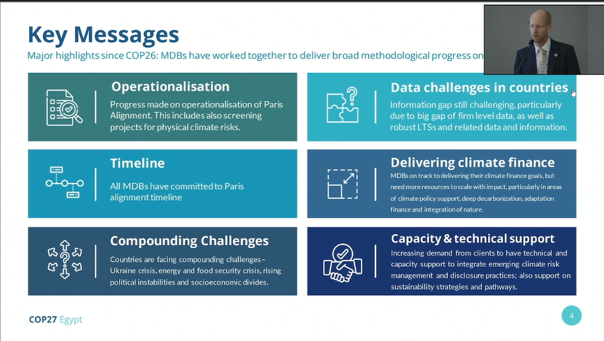 EBRD's tweet photo. Our Harry Boyd-Carpenter on the #COP27 Joint MDB Paris Alignment Progress Updated.
"The first message, we are all doing it."
It's important to enable our countries to be #ParisAligned.
#TogetherForImplementation
Watch it live NOW: https://t.co/BcVDRSELH2 https://t.co/dEQckFRA9x