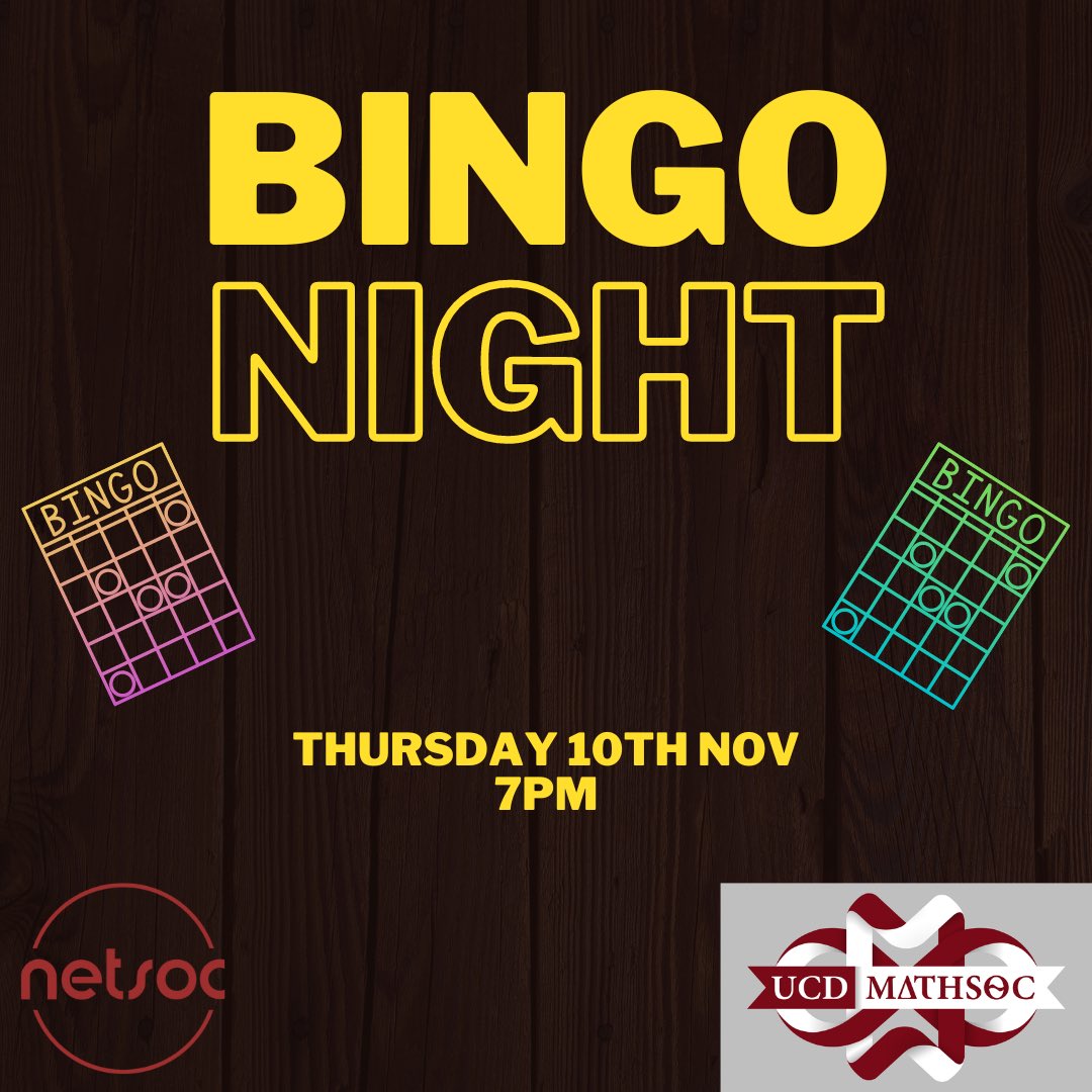 UCDNetsoc's tweet image. 🎰69 - Favourite of mine 😜🎰

IT’S BINGO TIME!!!

Netsoc is collaborating with MathSoc to bring you a fantastic night of Bingo and booze this Thursday!

⏰Come join us at Farmer Browns at 7

Best of luck, and may the odds be ever in your favor 😉