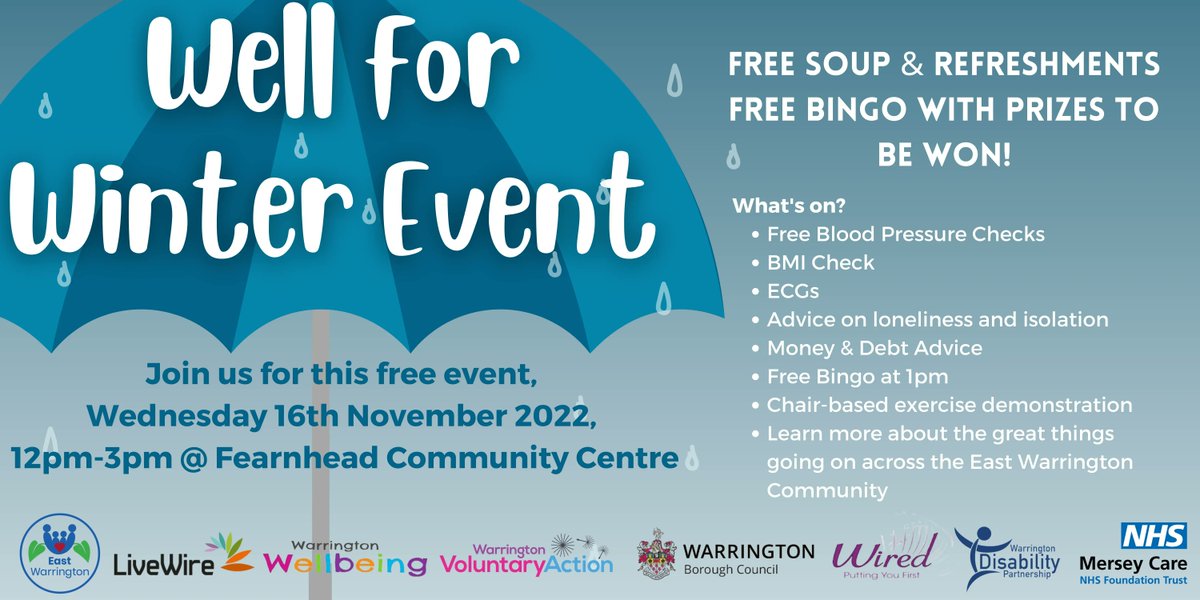 It's 1 week until our 'Stay Well for Winter' Event ☔️

FREE information about health, well-being, money, isolation and more! Plus - bingo with great prizes and free soup and refreshments.

📍 Fearnhead Cross Community Centre 
📅 Wednesday 16th November 
⏰ 12 pm - 3 pm