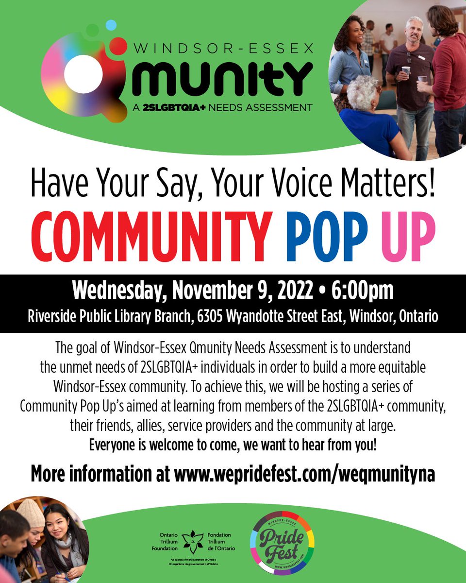 Please come out to this Community Pop Up tonight, Wednesday, November 9 at 6:00pm at Windsor Public Library - Riverside Branch. Everyone is welcome to come, your voice matters! 
linktr.ee/wepridefest
#wepridefest #weqmunityna <a href="/WEPridefest/">Windsor-Essex Pride Fest</a> #windsoressex #yqg