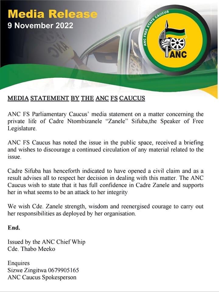 FreeStateWorld1's tweet photo. The ANC Free State Caucus has issued a media statement in the matter of Zanele Sifuba the Free State Legislature Speaker  This follows the viral sex tape of Sifuba that was leaked

#ZaneleSifuba
#Uyajola99 
#HouseOfZwide 
#SkeemSaam 
#TheWifeShowmax 
#ANC
@ElonMusk
#FooledbySex https://t.co/FkmRdlL6HD