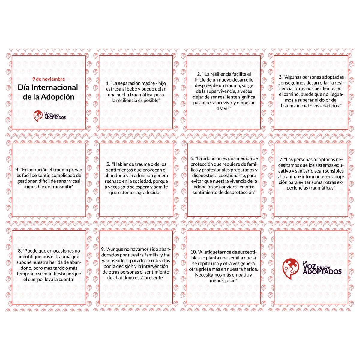 En este 9 de noviembre, Día Internacional de la Adopción, queremos dar las Gracias a todos los socios y socias, cuyas aportaciones crearon este decálogo. Seguimos trabajando.
