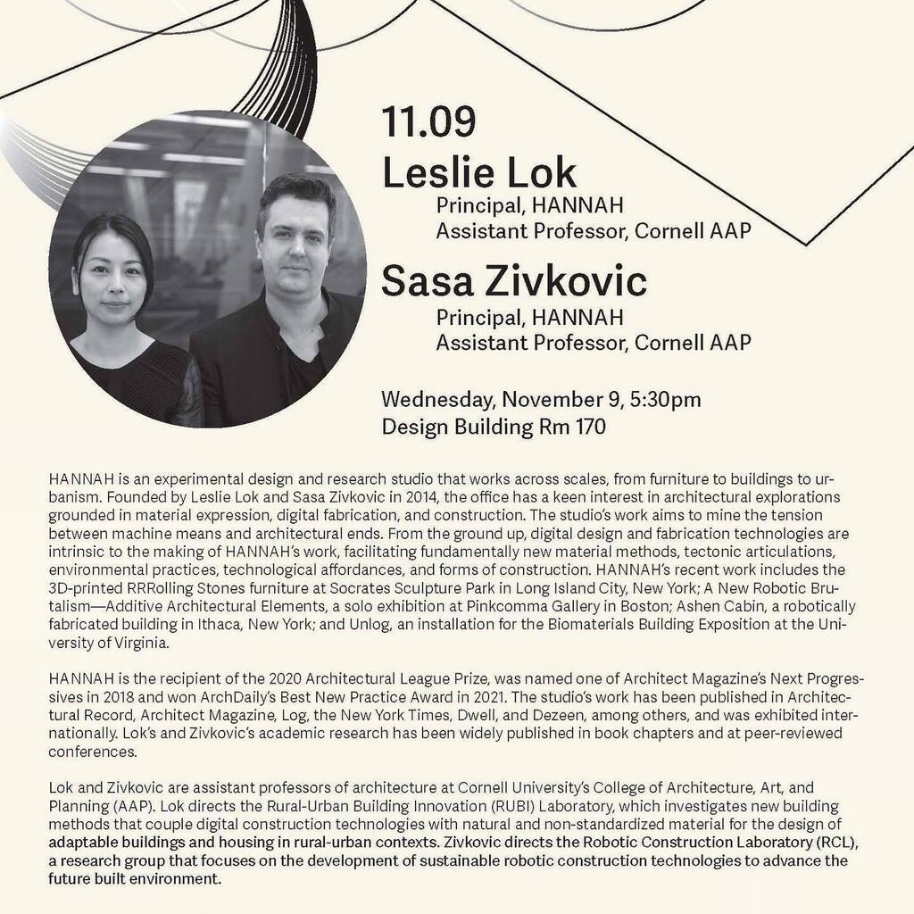 UMassArch's tweet photo. Excited to feature @hannah.office architects Leslie Lok & Sasa Zivkovic at tonight’s lecture! Join us at 5:30 in Design Building 170. #lectureseries #umassarchitecture #umassamherst #hannah @cornell.architecture @cornellaap #digitalfabrication #designand… https://t.co/wLBK4r0HhE https://t.co/yOmeDcQ4mN