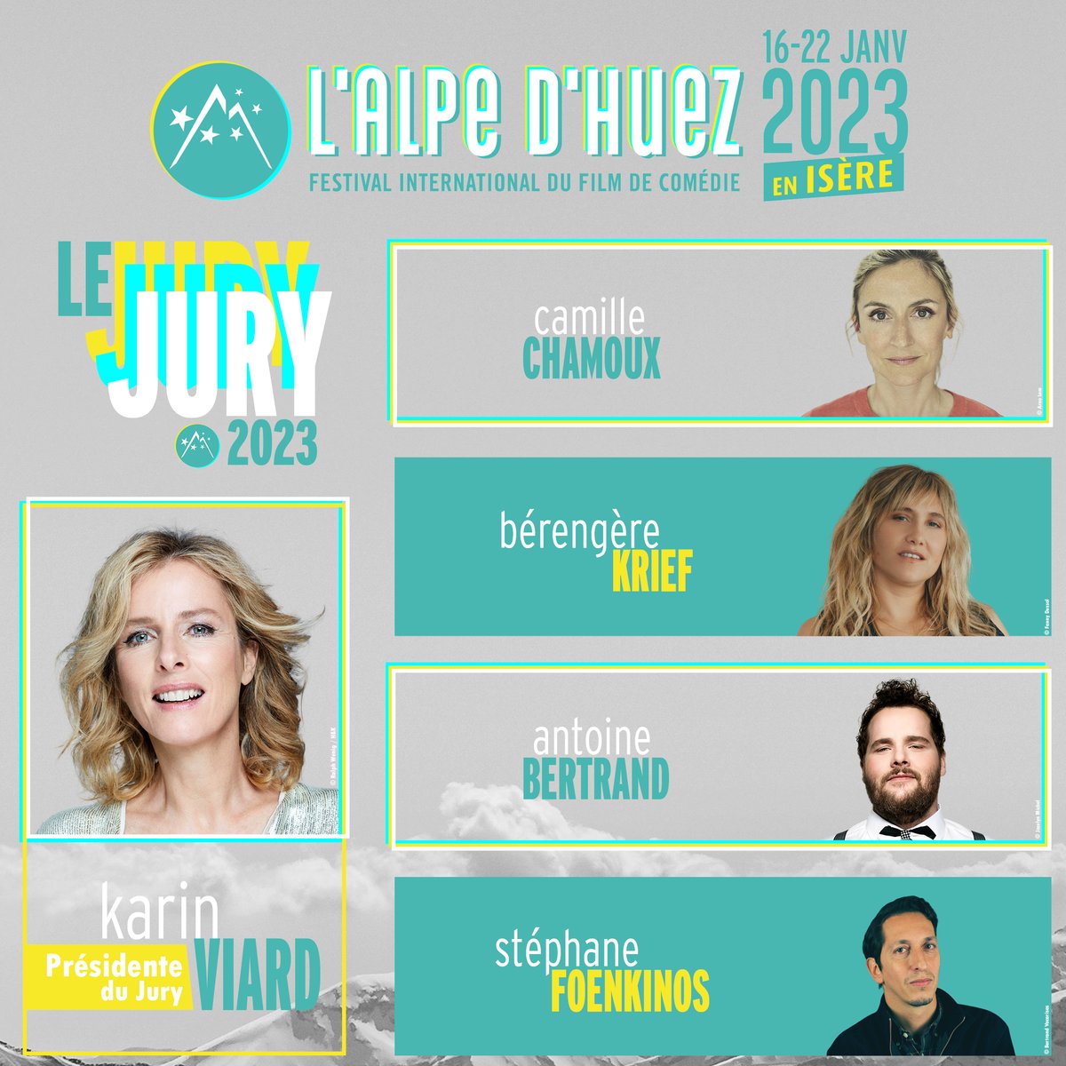 ANNONCE #FAH2023 🚨
Le Jury du 26e Festival de l’Alpe d’Huez ! (16/22 janvier 2023)
Madame la Présidente Karin Viard sera entourée des comédiennes et humoristes Camille Chamoux &amp; Bérengère Krief, du comédien Antoine Bertrand et du réalisateur et auteur Stéphane Foenkinos !