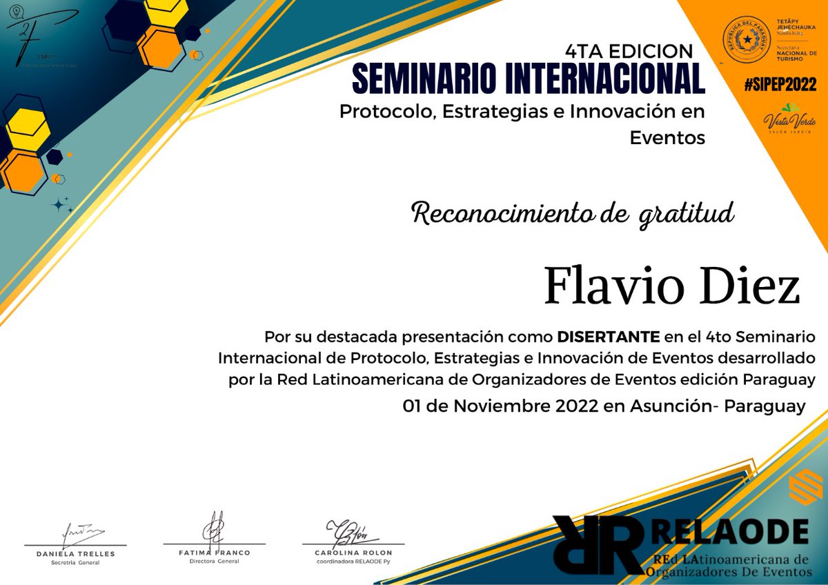 flaviomdiez's tweet photo. Agradecido a Red Latinoamericana de Organizadores de Eventos por el reconocimiento
Disertante en 4ª Seminario Internacional. 

Excelente feedback de participantes.
Especial saludo a Fátima Franco Eventos por la invitación  

#eventos 
#RELAODE 
#redcomprofesionales
#quintinarrpp https://t.co/DwwFiYN3iI