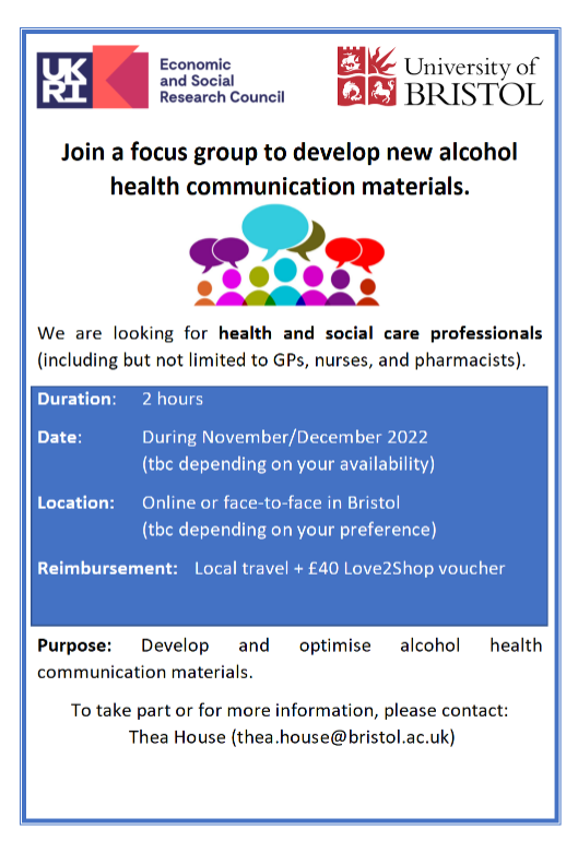 We are looking for health and social care providers to join a focus group to develop new alcohol health communication materials. More info below 👇 @theahouse10 #psychology