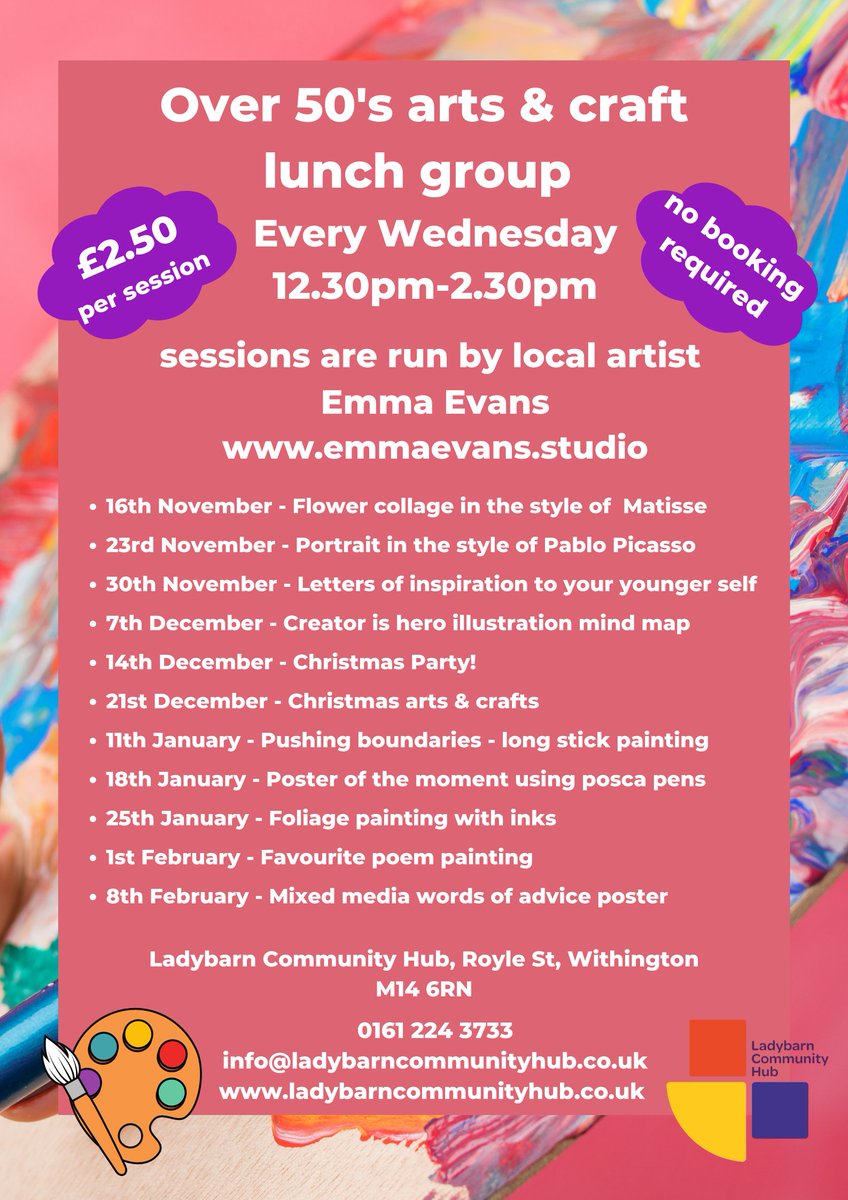 HubLadybarn's tweet photo. Join our over 50's arts &amp; crafts lunch group every Wednesday at Ladybarn Community Hub from 16th November with sessions run by @emmaevansstudio. Lunch is provided. Meet new friends &amp; learn new skills! #artwork #olderpeople #mindfulness https://t.co/J9trlzQOWu
