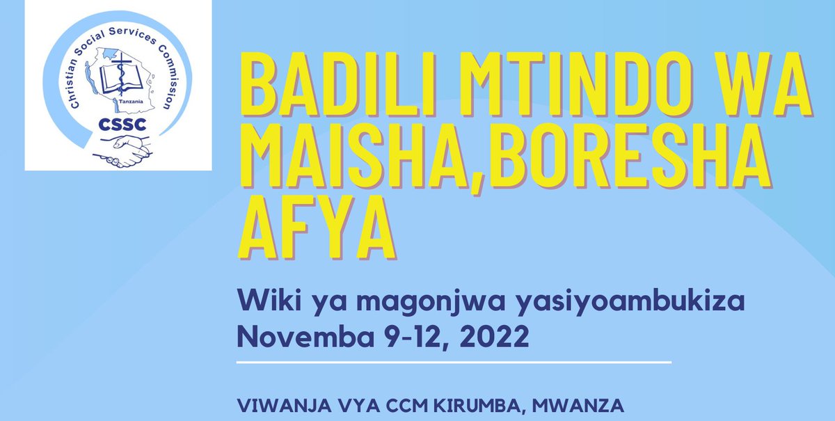 cssc_tanzania's tweet photo. Karibu utembelee banda letu kwenye maadhimisho ya wiki ya magonjwa yasiyoambukiza yanayofanyika mkoani Mwanza, kwenye viwanja vya CCM Kirumba kuanzia leo mpaka tarehe 12 Novemba. Njoo uone mkakati wa CSSC kutokomeza magonjwa yasiyoambukiza kupitia hospitali za makanisa.
#NCDWeek https://t.co/2cgyOhFVlq