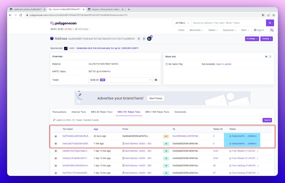 0xNekr's tweet image. GM Twitter👋

J'ai créé une collection de #NFT sur Polygon

Tellement hype, que @VitalikButerin l'a mint et a envoyé son NFT à @neymarjr

Vous ne me croyez pas ? Pourtant j'ai des preuves, #Polygonscan l'atteste !

⬇️