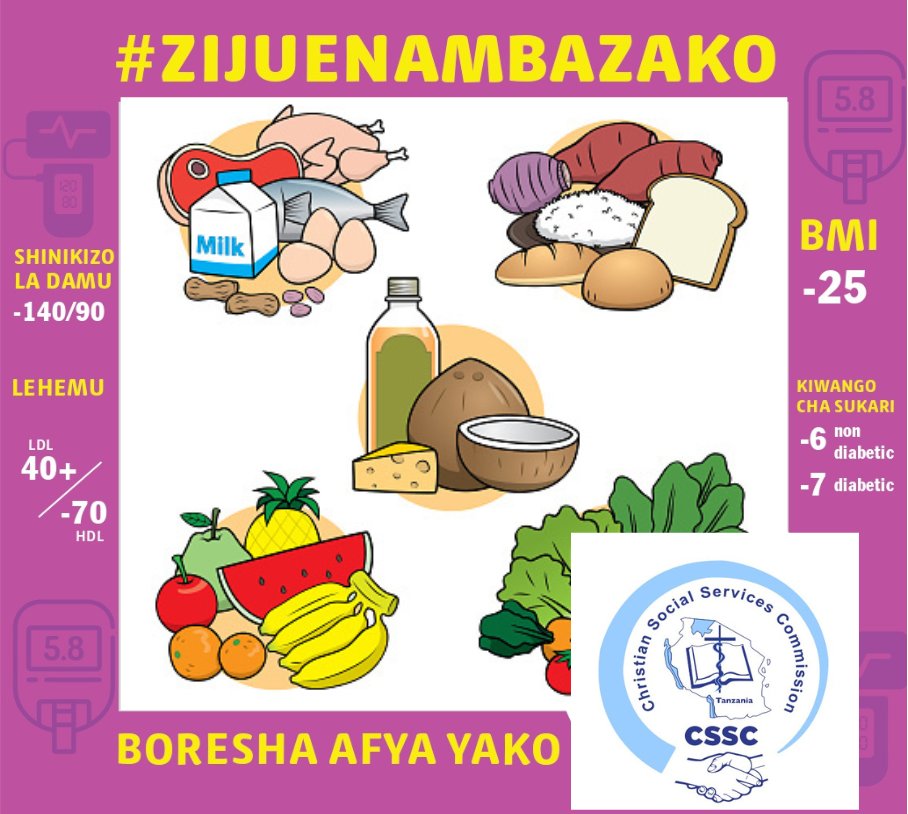 cssc_tanzania's tweet photo. "Kula mlo kamili wenye mchanganyiko wa vyakula vyenye nishati, protini, vitamini na madini kujikinga na magonjwa yasiyoambukiza."
Tutembelee CCM Kirumba #NCDweek kupata elimu ya magonjwa yasiyoambukiza.
#BadiliMtindowaMaishaBoreshaAfya
#Tanzania https://t.co/D9adjrxMKM