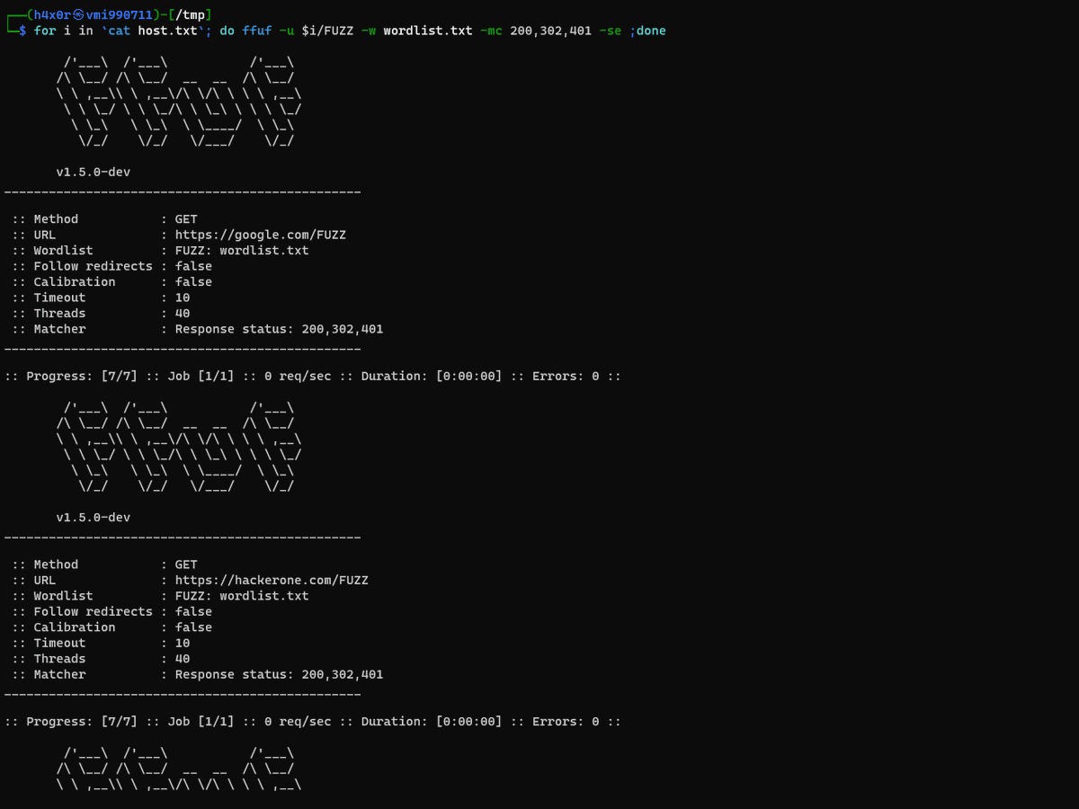 h4x0r_dz's tweet photo. How to use FFUF over multiple hosts
$ for i in `cat host.txt`; do ffuf -u $i/FUZZ -w wordlist.txt -mc 200,302,401 -se ;done

#bugbountytips #BugBounty #ffuf https://t.co/6F77HJoUfG