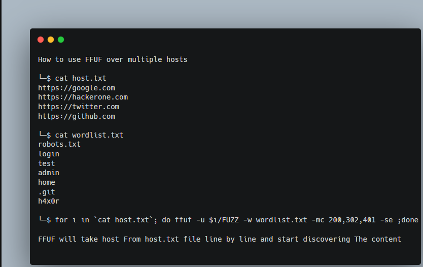 h4x0r_dz's tweet photo. How to use FFUF over multiple hosts
$ for i in `cat host.txt`; do ffuf -u $i/FUZZ -w wordlist.txt -mc 200,302,401 -se ;done

#bugbountytips #BugBounty #ffuf https://t.co/6F77HJoUfG