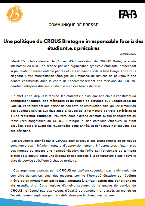 la_fahb's tweet photo. #CROUS @la_fahb et @fedebzh ainsi que leurs élu.e.s dénoncent ‼️
❌Il est irresponsable de précipiter les #etudiants .e.s vers un déclin de leur cadre de vie et d'études, manifestation d’une précarisation croissante d’une jeunesse mise de côté. @CrousBretagne https://t.co/AAyzstRPP1
