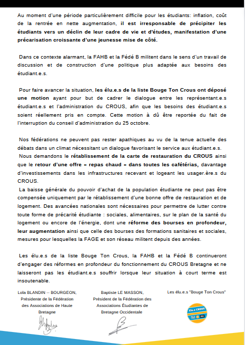 #CROUS <a href="/la_fahb/">FAHB</a> et <a href="/fedebzh/">Fédé B</a> ainsi que leurs élu.e.s dénoncent ‼️
❌Il est irresponsable de précipiter les #etudiants .e.s vers un déclin de leur cadre de vie et d'études, manifestation d’une précarisation croissante d’une jeunesse mise de côté. <a href="/CrousBretagne/">Crous Bretagne</a>