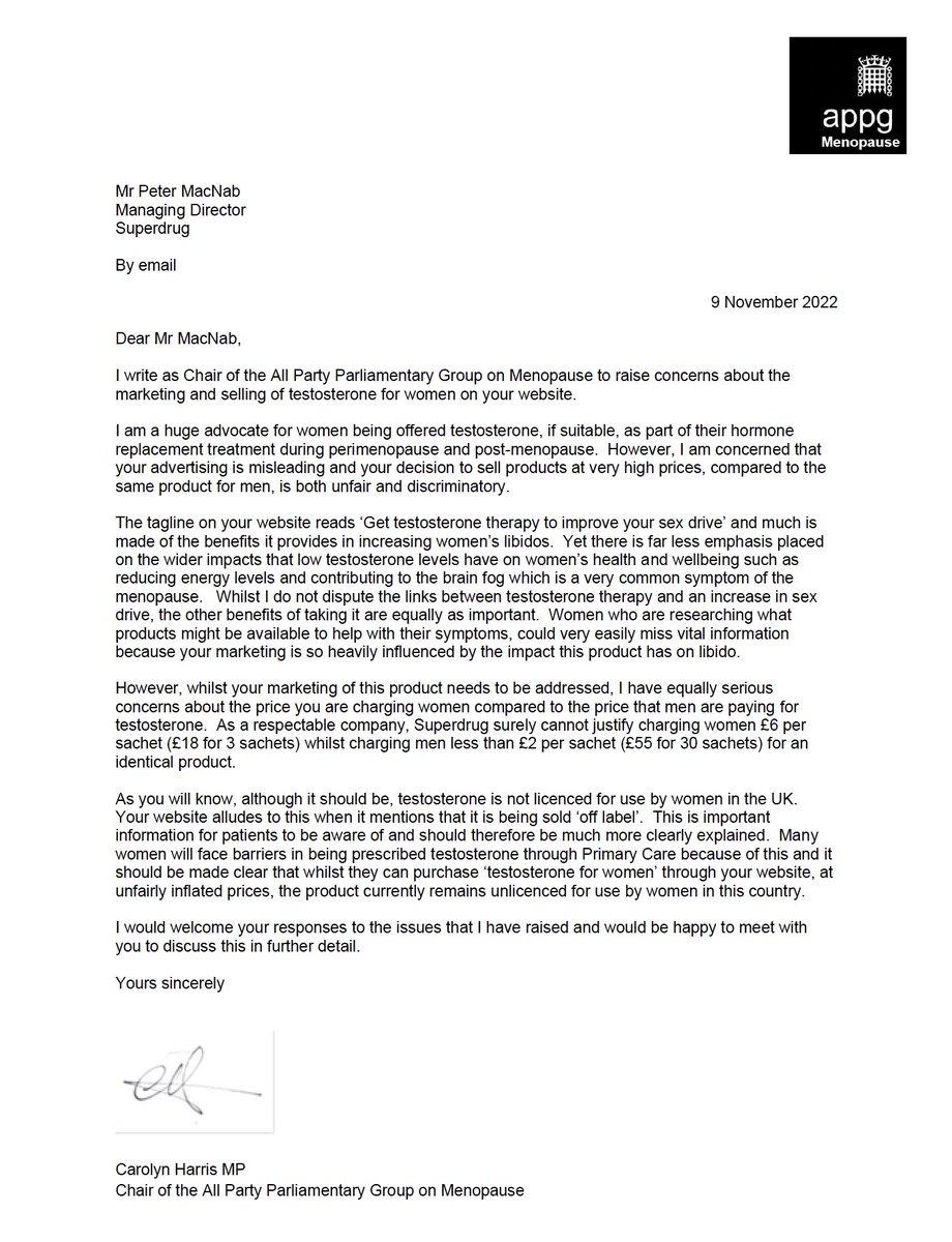 🚨My letter to <a href="/superdrug/">Superdrug</a> 

I am a strong believer in the benefits of testosterone as part of women's #HRT

However, Superdrug cannot charge #women significantly inflated prices (£18 for 3 sachets) for the same product they are charging men a lot less (£55 for 30 sachets)...