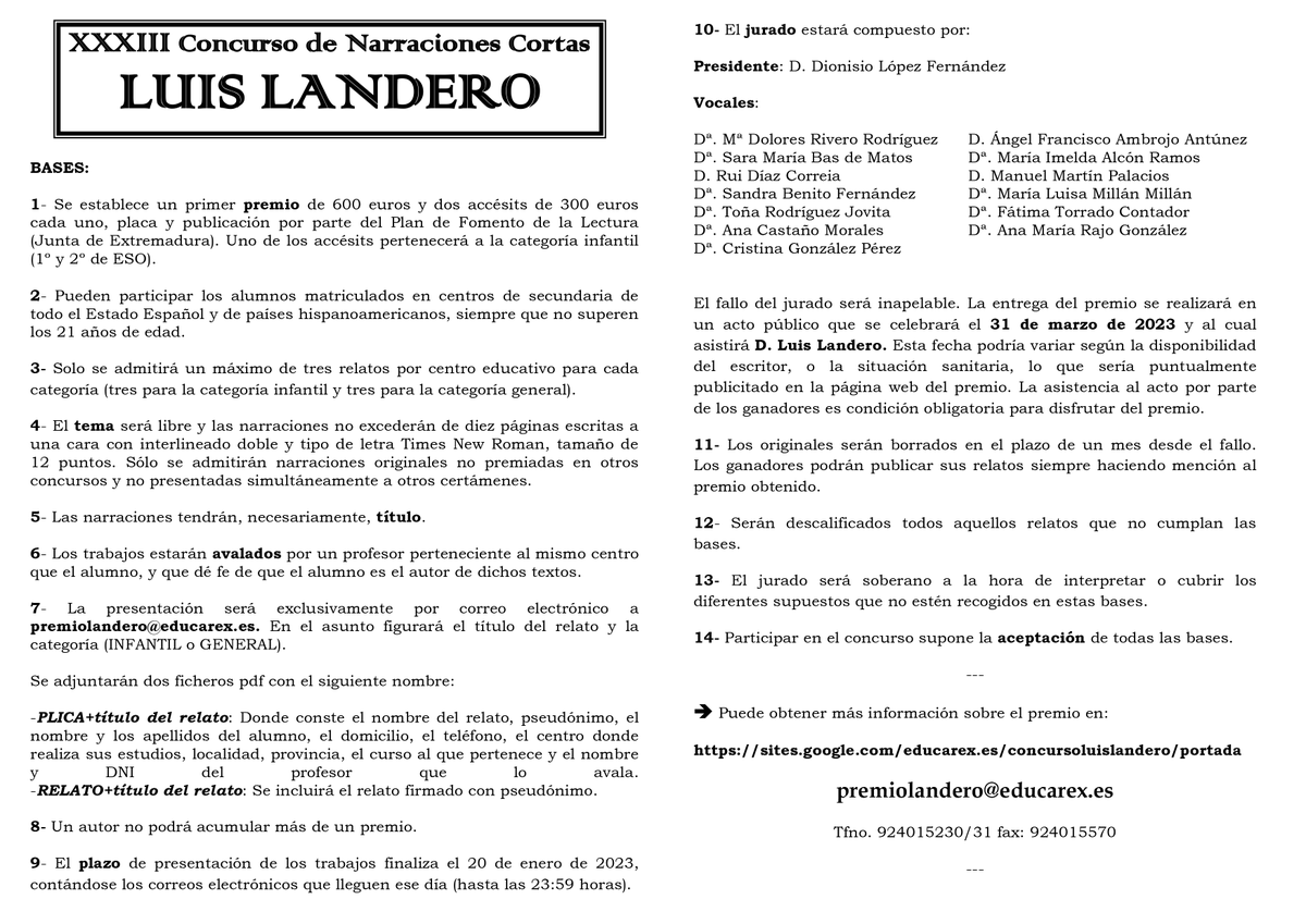 LanderoPremio's tweet photo. Convocada la 33ª edición de nuestro #Concurso de Narraciones Cortas #LuisLandero para estudiantes de centros de secundaria, organizado por IES Castillo de Luna de #Alburquerque. Plazo abierto hasta el 20 de enero de 2023. https://t.co/hL0RzKJXAa [Gracias por compartir🙏] https://t.co/CeVtvQkFkz